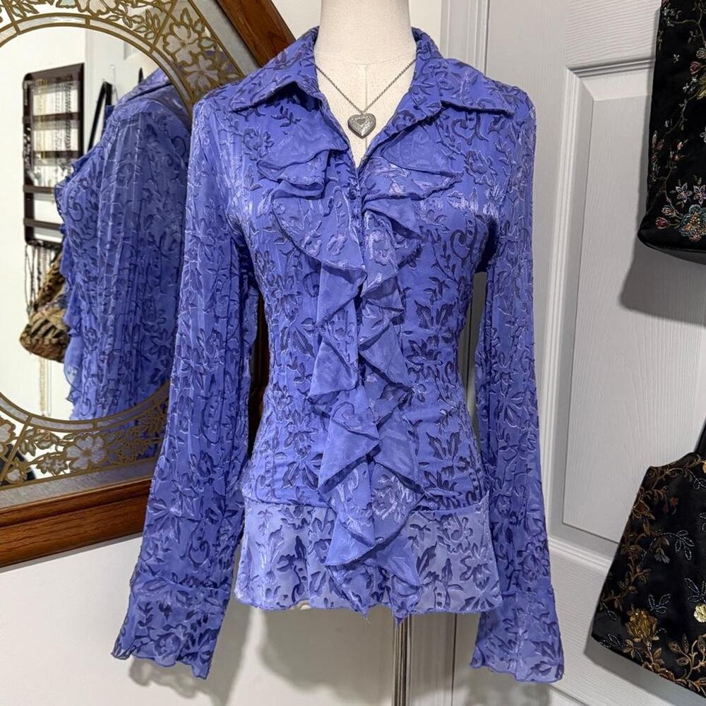 Coldwater Creek Periwinkle Purple Crinkle Ruffle Bell Sleeve Button Down Top M
